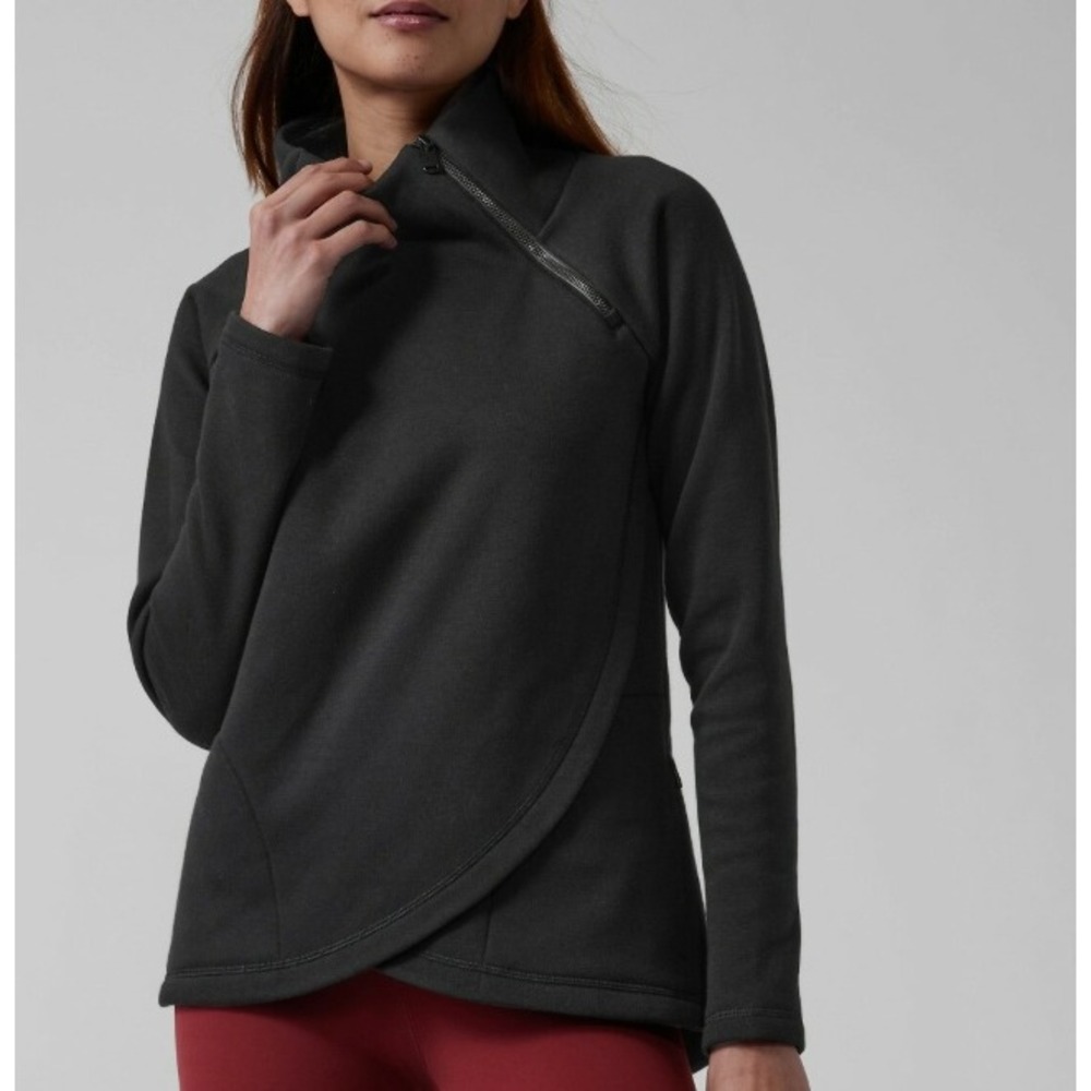 Athleta Cozy Karma Asym Pullover Black Fleece Lined Zip Sweatshirt Womens Small